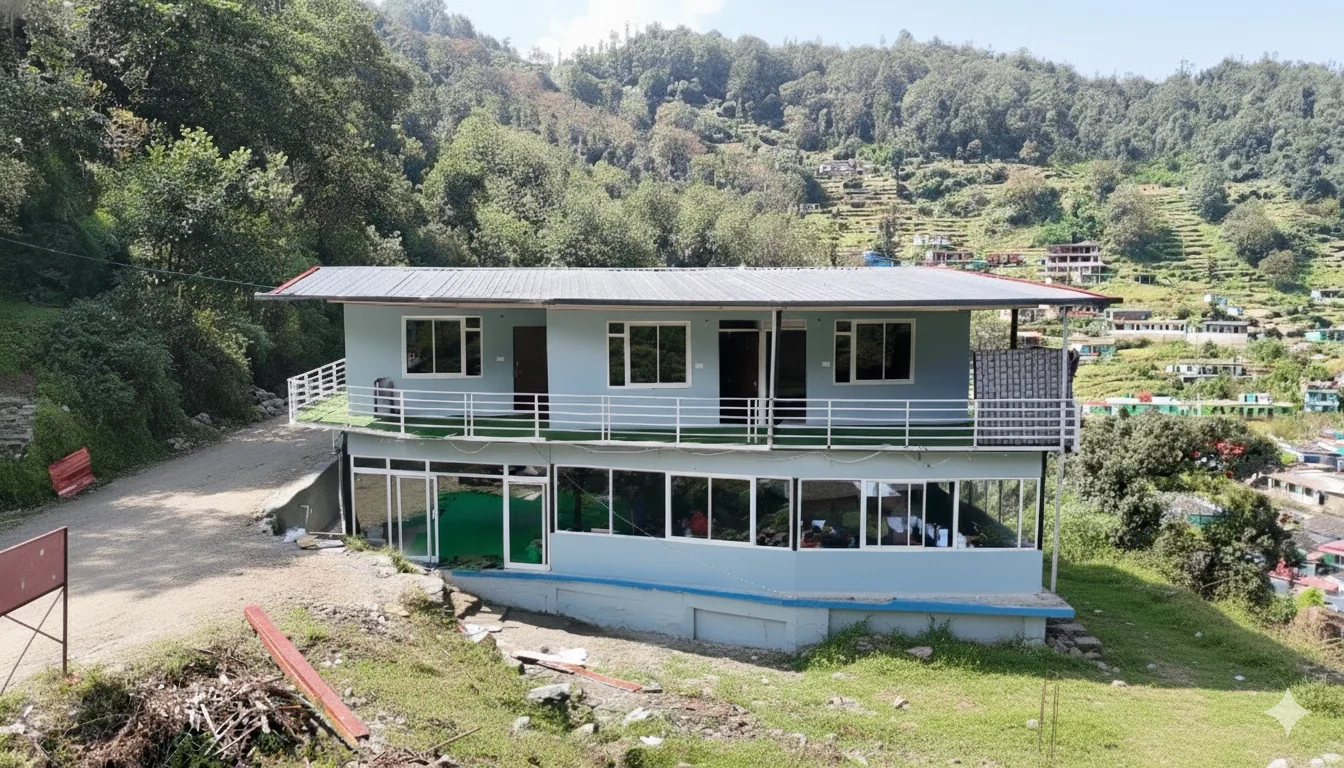 Seek Peace Cottage exterior, surrounded by forested hills
